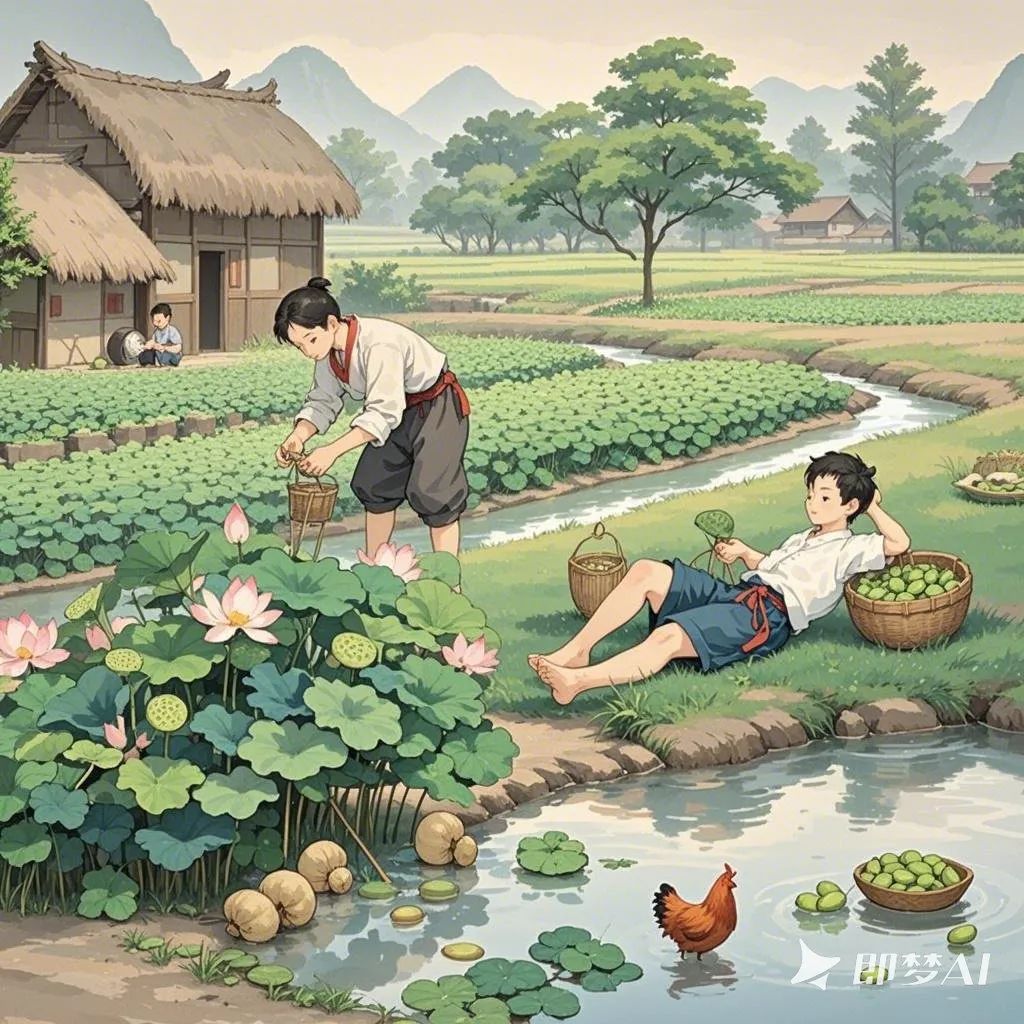 根据辛弃疾所做的《清平乐·村居》这首词,AI绘制中国南宋时期上饶乡村劳作情景的精美图片。白天,有溪流、有豆田,有茅草房屋。其中一名古代20岁年轻男子在豆田除草,另一名15岁古代男子在茅草房屋前编织鸡笼....jpeg